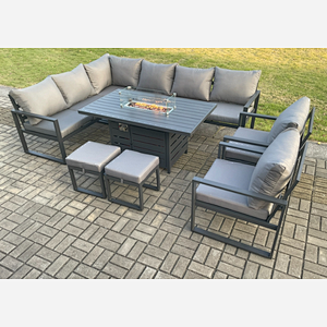 Fimous Aluminium Patio Outdoor Garden Furniture Corner Sofa Set Gas Fire Pit Dining Table with 2 Chairs 2 Small Footstools Dark Grey