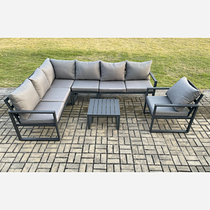 Fimous Aluminium Garden Furniture Set Outdoor Lounge Corner Sofa Chair Square Coffee Table Sets Dark Grey 7 Seater