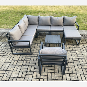 Fimous 8 Seater Aluminium Garden Furniture Set Outdoor Lounge Corner Sofa Chair Square Coffee Table Sets with Big Footstool Dark Grey