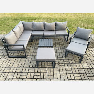 Fimous 9 Seater Outdoor Lounge Corner Sofa Set Aluminum Garden Furniture Sets with Square Coffee Table Chair 2 Big Footstool Dark Grey