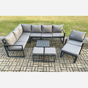 Fimous 10 Seater Outdoor Lounge Corner Sofa Set Aluminum Garden Furniture Sets with Square Coffee Table Chair 3 Footstools Dark Grey