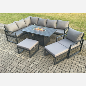 Fimous Aluminium Patio Outdoor Garden Furniture Corner Sofa Set Gas Fire Pit Dining Table with Chair 2 Big Footstools Dark Grey
