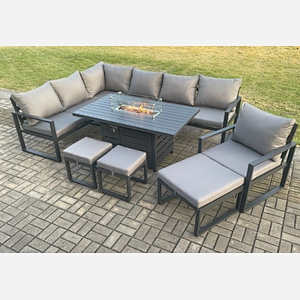 Fimous Aluminium 9 Pieces Garden Furniture Corner Sofa Set with Cushions Gas Fire Pit Dining Table Set with Chair 3 Footstools Dark Grey