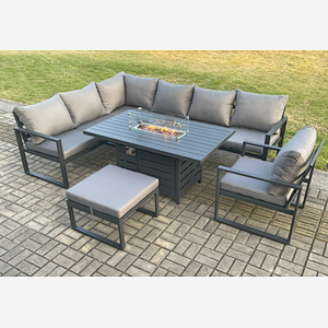 Fimous Aluminium Outdoor Garden Furniture Corner Sofa Gas Fire Pit Dining Table Sets Gas Heater Burner with Chair Big Footstool Dark Grey 8 Seater