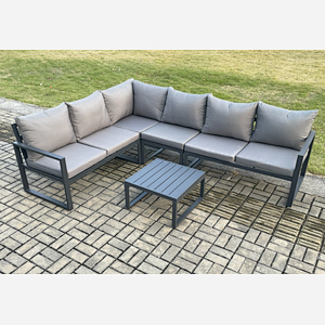 Fimous Aluminium Garden Furniture Set Outdoor Lounge Corner Sofa Square Coffee Table Sets Dark Grey 6 Seater