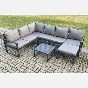 Fimous 7 Seater Aluminium Garden Furniture Set Outdoor Lounge Corner Sofa Square Coffee Table Sets with Big Footstool Dark Grey
