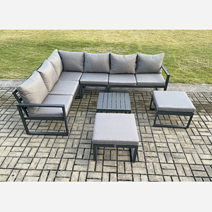 Fimous 8 Seater Outdoor Lounge Corner Sofa Set Aluminum Garden Furniture Sets with Square Coffee Table 2 Big Footstool Dark Grey