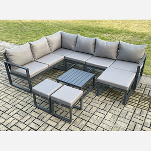 Fimous 9 Seater Outdoor Lounge Corner Sofa Set Aluminum Garden Furniture Sets with Square Coffee Table 3 Footstools Dark Grey