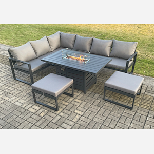Fimous Aluminium Patio Outdoor Garden Furniture Corner Sofa Set Gas Fire Pit Dining Table with 2 Big Footstools Dark Grey