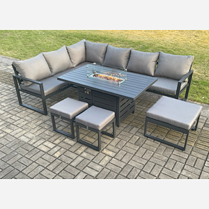 Fimous Aluminium 8 Pieces Garden Furniture Corner Sofa Set with Cushions Gas Fire Pit Dining Table Set with 3 Footstools Dark Grey