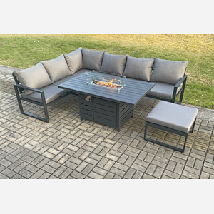 Fimous Aluminium Outdoor Garden Furniture Corner Sofa Gas Fire Pit Dining Table Sets Gas Heater Burner with Big Footstool Dark Grey 7 Seater