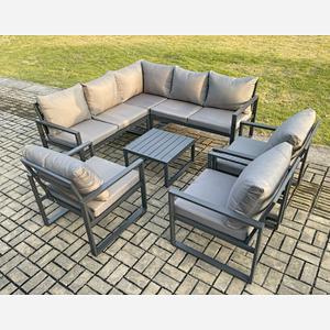 Fimous 8 Seater Outdoor Aluminium Garden Furniture Set Corner Lounge Sofa Set with Square Coffee Table Chair Dark Grey