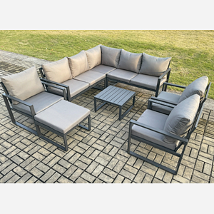 Fimous 9 Seater Outdoor Aluminium Garden Furniture Set Corner Lounge Sofa Set with Square Coffee Table Chair Big Footstool Dark Grey