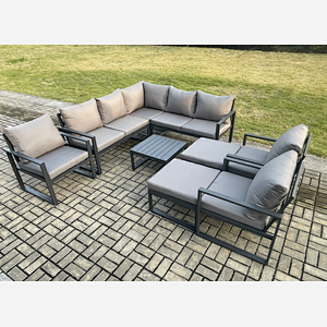 Fimous 10 Seater Outdoor Aluminium Garden Furniture Set Corner Lounge Sofa Set with Square Coffee Table Chair 2 Big Footstools Dark Grey