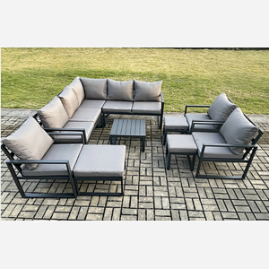 Fimous 11 Seater Outdoor Aluminium Garden Furniture Set Corner Lounge Sofa Set with Square Coffee Table Chair 3 Footstools Dark Grey