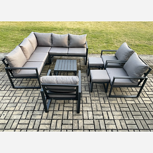 Fimous 10 Seater Outdoor Aluminium Garden Furniture Set Corner Lounge Sofa Set with Square Coffee Table Chair 2 Small Footstools Dark Grey