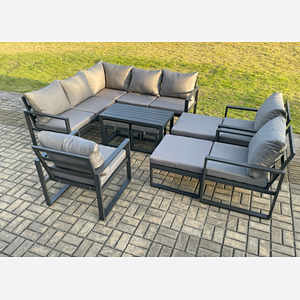 Fimous 12 Seater Aluminium Outdoor Garden Furniture Set Patio Lounge Sofa with Oblong Coffee Table Chair 2 Small Footstools Big Footstool Dark Grey
