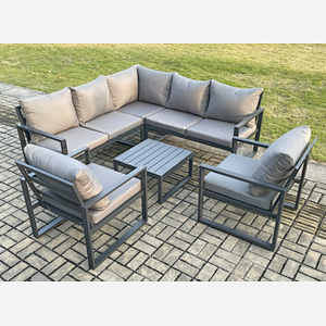 Fimous Outdoor Garden Furniture Set Aluminium Lounge Sofa Square Coffee Table Sets with 2 Pcs Chair Indoor Conservatory Set Dark Grey