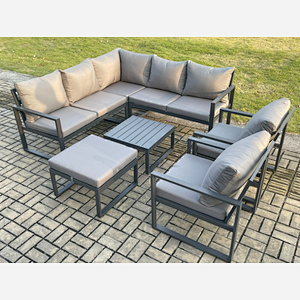 Fimous Outdoor Garden Furniture Set Aluminium Lounge Sofa Square Coffee Table Sets with 2 Pcs Chair Big Footstool Indoor Conservatory Set Dark Grey