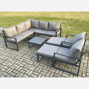 Fimous 9 Seater Outdoor Aluminium Garden Furniture Set Corner Lounge Sofa Set with Square Coffee Table 2 Big Footstools Dark Grey