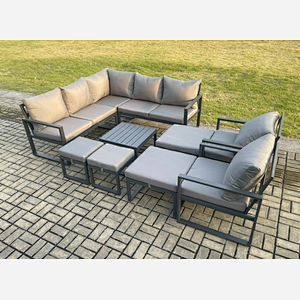 Fimous 11 Seater Outdoor Aluminium Garden Furniture Set Corner Lounge Sofa Set with Square Coffee Table 2 Pcs Chair Footstools Dark Grey