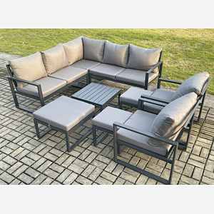 Fimous 10 Seater Outdoor Aluminium Garden Furniture Set Corner Lounge Sofa Set with Square Coffee Table 3 Footstools Dark Grey