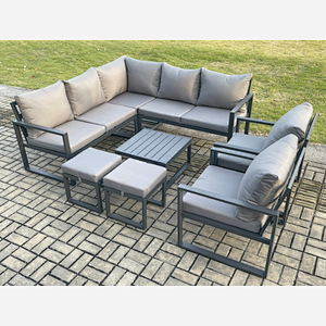 Fimous 9 Seater Outdoor Aluminium Garden Furniture Set Corner Lounge Sofa Set with Square Coffee Table 2 Small Footstools Dark Grey