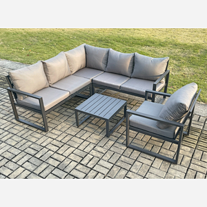 Fimous Outdoor Garden Furniture Set Aluminium Lounge Sofa Square Coffee Table Sets with Chair Indoor Conservatory Set Dark Grey