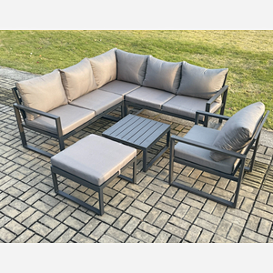 Fimous Outdoor Garden Furniture Set Aluminium Lounge Sofa Square Coffee Table Sets with Chair Big Footstool Indoor Conservatory Set Dark Grey