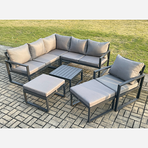Fimous Outdoor Garden Furniture Set Aluminium Lounge Sofa Square Coffee Table Sets with Chair 2 Big Footstools Indoor Conservatory Set Dark Grey