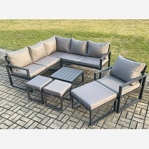 Fimous Outdoor Garden Furniture Set Aluminium Lounge Sofa Square Coffee Table Sets with Chair 3 Footstools Indoor Conservatory Set Dark Grey