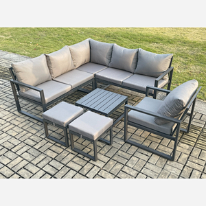 Fimous Outdoor Garden Furniture Set Aluminium Lounge Sofa Square Coffee Table Sets with Chair 2 Small Footstools Indoor Conservatory Set Dark Grey