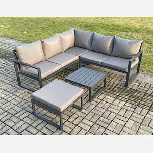 Fimous Outdoor Garden Furniture Set Aluminium Lounge Sofa Square Coffee Table Sets with Big Footstool Indoor Conservatory Set Dark Grey