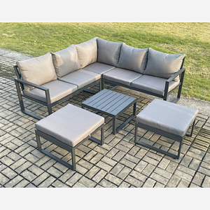 Fimous Outdoor Garden Furniture Set Aluminium Lounge Sofa Square Coffee Table Sets with 2 Big Footstool Indoor Conservatory Set Dark Grey