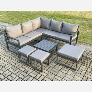 Fimous Outdoor Garden Furniture Set Aluminium Lounge Sofa Square Coffee Table Sets with 3 Footstools Indoor Conservatory Set Dark Grey
