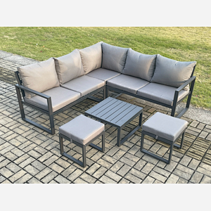 Fimous Outdoor Garden Furniture Set Aluminium Lounge Sofa Square Coffee Table Sets with 2 Small Footstools Indoor Conservatory Set Dark Grey
