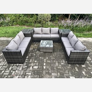 Fimous 9 Seater Rattan Garden Furniture Set Patio Outdoor Lounge Sofa Set with 2 Side Tables Square Coffee Table Dark Grey Mixed