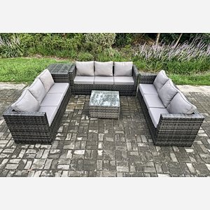 Fimous Rattan Garden Furniture Set 9 Seater Patio Outdoor Lounge Sofa Set with Side Table Square Coffee Table Dark Grey Mixed