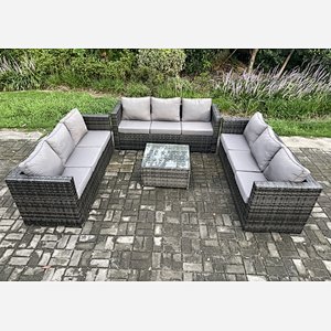 Fimous 9 Seater Rattan Garden Furniture Set Patio Outdoor Lounge Sofa Set with Square Coffee Table Dark Grey Mixed