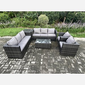 Fimous 8 Seater Outdoor Lounge Sofa Set Wicker PE Rattan Garden Furniture Set with 2 Armchair Oblong Coffee Table Side Table Dark Grey Mixed