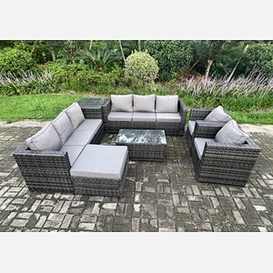 Fimous 9 Seater Outdoor Lounge Sofa Set Wicker PE Rattan Garden Furniture Set with 2 Armchair Oblong Coffee Table Side Table Big Footstool Dark Grey Mixed