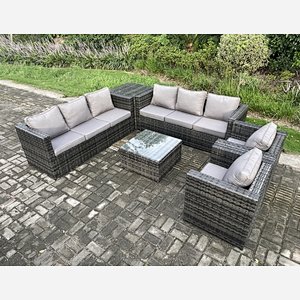 Fimous 8 Seater Rattan Garden Furniture Set Patio Outdoor Lounge Sofa Set with 2 Armchairs Side Table Square Coffee Table Dark Grey Mixed