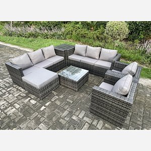 Fimous Outdoor Rattan Garden Furniture Set 9 Seater Patio Lounge Sofa Set with 2 Armchairs Side Table Square Coffee Table Big Footstool Dark Grey Mixed