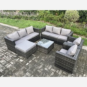 Fimous Outdoor Rattan Garden Furniture Set 9 Seater Patio Lounge Sofa Set with Armchair Square Coffee Table Big Footstool Dark Grey Mixed