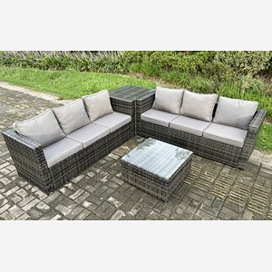 Fimous Rattan Garden Furniture Set 6 Seater Patio Outdoor Lounge Sofa Set with Side Table Square Coffee Table Dark Grey Mixed