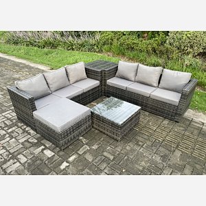 Fimous 7 Seater Rattan Garden Furniture Sofa Set with Side Table Square Coffee Table Big Footstool Indoor Outdoor Rattan Set Dark Grey Mixed