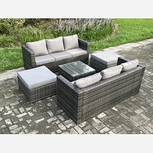 Fimous 8 Seater Rattan Garden Furniture Set Patio Outdoor Lounge Sofa Set with Square Coffee Table 2 Big Footstool Dark Grey Mixed