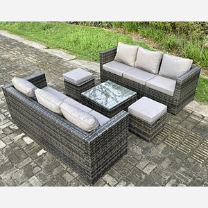 Fimous Rattan Garden Furniture Set 8 Seater Patio Outdoor Lounge Sofa Set with Square Coffee Table 2 Small Footstools Dark Grey Mixed