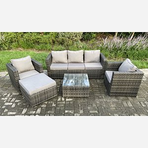 Fimous Rattan Garden Furniture Set Patio Outdoor Lounge Sofa Set with 2 Armchairs Square Coffee Table Big Footstool Dark Grey Mixed