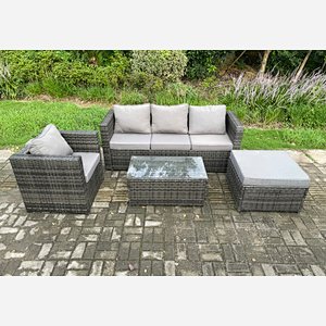 Fimous 4 PCS Outdoor Lounge Sofa Set Wicker PE Rattan Garden Furniture Set with Armchair Oblong Coffee Table Big Footstool Dark Grey Mixed